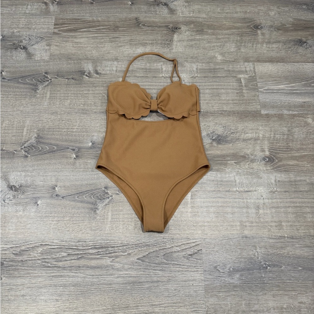 Tan Halter Strapless Scallop One Piece Small High Waisted Bathing Swimsuit - Picture 2 of 7